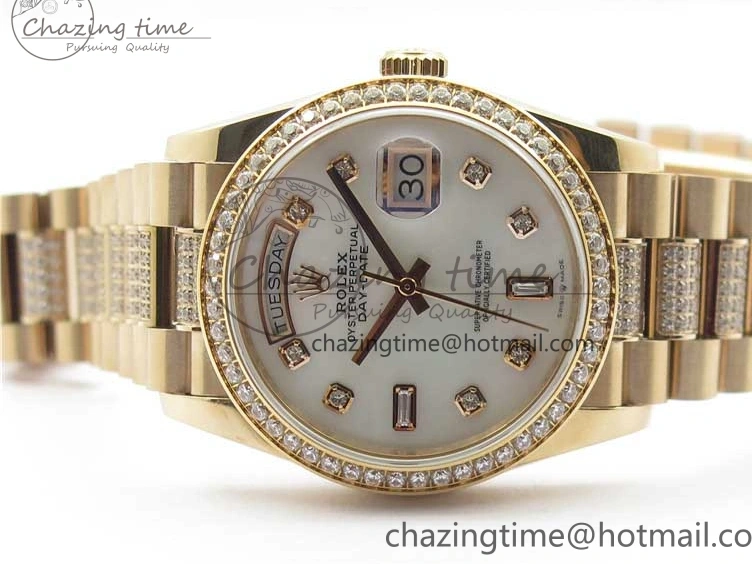 AAA Replica Watches on President A 2689 BP White ComfortFit Crystal Crystal Marker MOP RG Best Edition 128235 Dial Day-Date Bracelet RG 36mm 1218